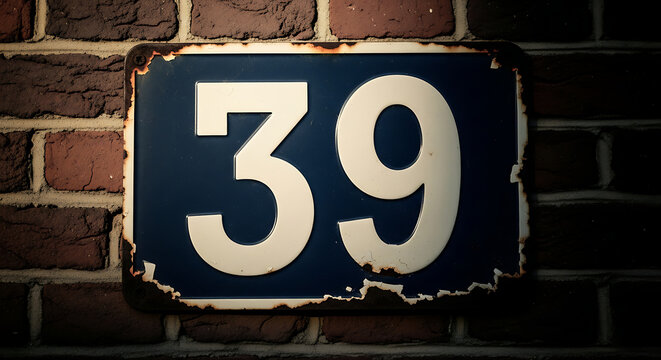 A weathered blue and white house number 39 sign on a dark brick wall.