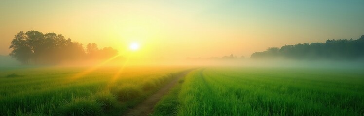 Fototapeta premium Sun rises through morning fog over green field, creating golden lens flares and haze. A dirt path winds through lush grass under a soft yellow and blue sky, nature tranquility.
