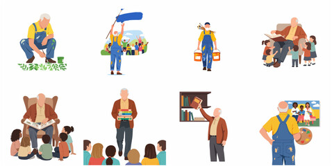 Fototapeta premium Set of flat vector illustrations featuring a senior man painting murals, reading stories to children, and carrying books, highlighting an active and creative retirement lifestyle.
