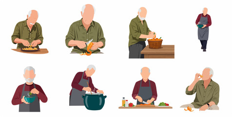 Fototapeta premium Set of elderly man engaged in various culinary activities, cooking soup, peeling oranges, and eating healthy food