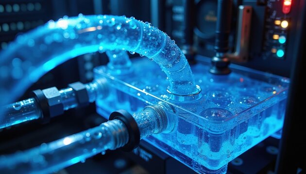Close up of computer liquid cooling system with blue fluid flowing through clear tubes, reservoir. Bubbles visible inside tubing showing active circulation, cooling process. PC hardware component