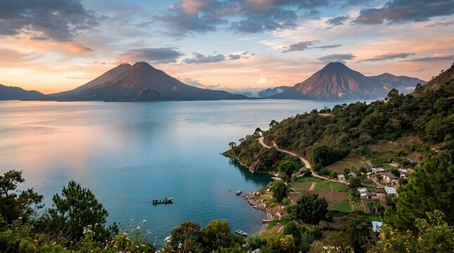 Lake Atitlan Guatemala volcanic landscape sunset nature travel boat mountains