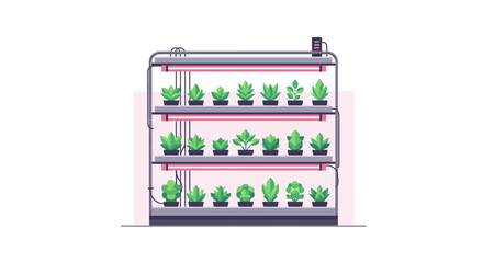 Naklejka premium Modern Indoor Vertical Farm Illustration with Grow Lights and Hydroponic Shelves for Sustainable Urban Agriculture