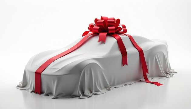 New car covered in white fabric with red ribbon bow. Automotive gift, surprise unveiling, luxury present in clean studio setting. Prize reveal for celebration event.