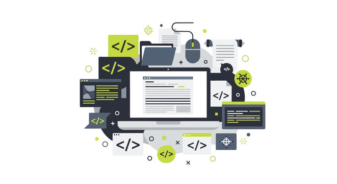 Web Development and Software Engineering Concept Illustration with Laptop, Code Brackets, and Digital Interface Icons for Technology and Programming Services