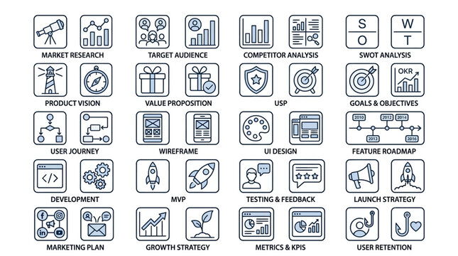 Business Strategy Icons: Market Research, Growth, Planning, Success Icons