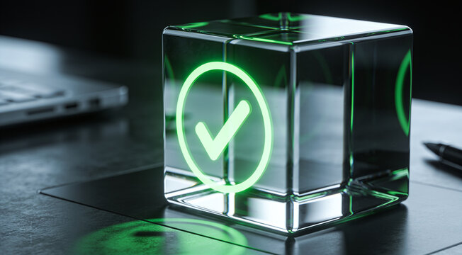 Glowing green checkmark inside a transparent glass cube on a dark office desk representing software validation, quality assurance, and digital compliance.