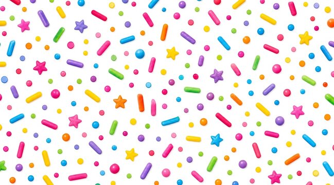 Colorful sprinkles background with sugar stars and dots on white