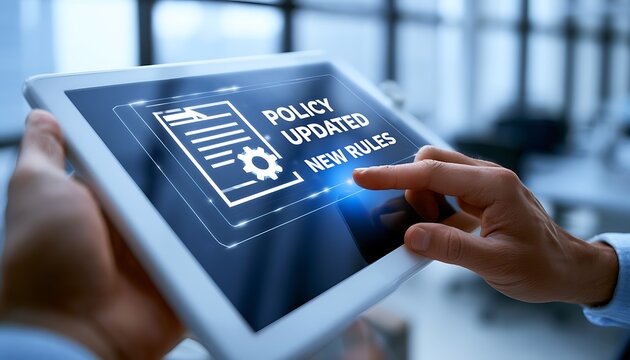 Business professional holding tablet with policy updated notification, Corporate compliance, new rules implementation, governance management, regulatory change, and digital documentation process.