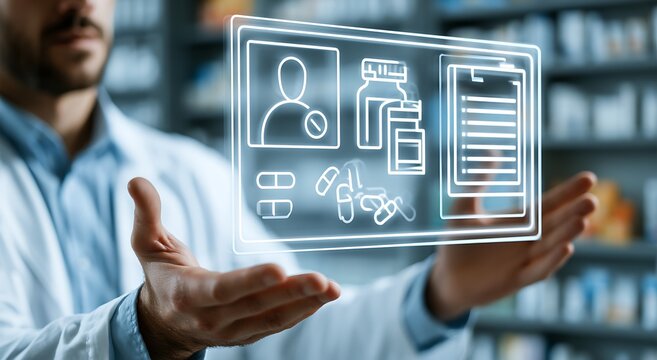 Pharmacist doctor hand with digital telemedicine consultation interface hologram and online pharmacy prescription medicine patient medication data service remote health advice system