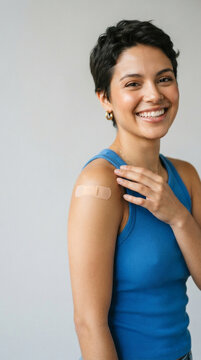 Smiling young woman with adhesive bandage on shoulder after vaccination, happy female patient showing medical plaster on arm, healthcare and immunization concept
