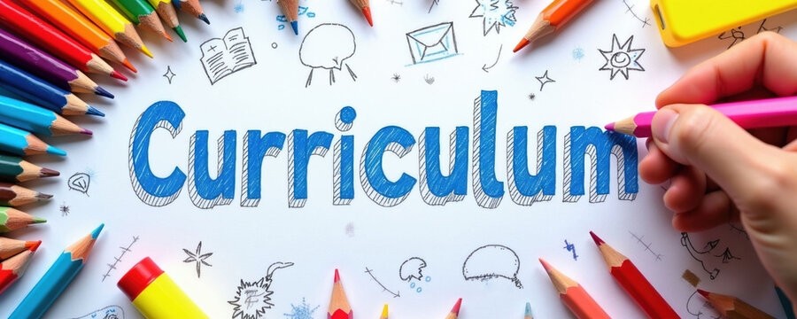 Colorful pencils surround text Curriculum and doodles on paper. Hand writes curriculum outline with pencil, showing creative learning process.