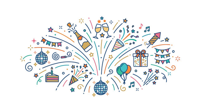 Celebration graphic with fireworks, confetti, gifts, balloons, and party items.