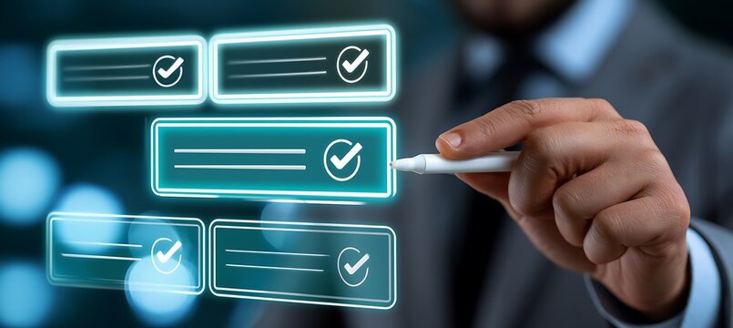Business professional using digital checklist interface with checkmark icons, representing task completion, quality control, workflow management, and process verification