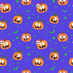 Fototapeta premium Halloween seamless pattern with pumpkins with funny faces, stars and bat silhouettes. Vector illustration for wrapping paper, textile, seasonal and party decor