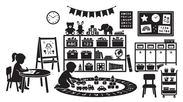 Children playing in a classroom setting are depicted as black silhouettes surrounded by educational toys, alphabet charts, and school furniture.