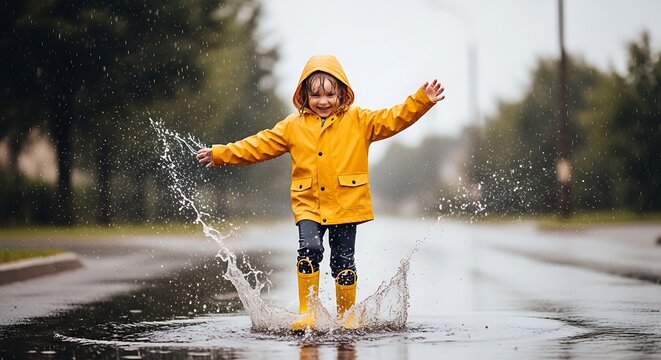 Man in yellow shirt playing frisbee in rain soaked street.