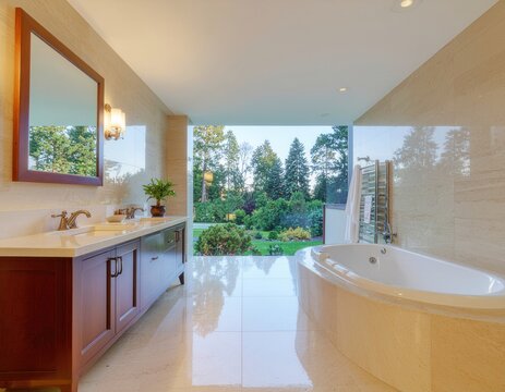 Modern bathroom featuring bathtub and vanity with garden view