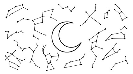 Celestial Constellations and Crescent Moon Hand-Drawn Star Map © Kim
