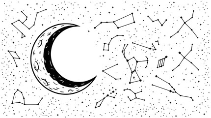 Crescent Moon and Constellations - Hand Drawn Starry Night Sky Illustration © Kim