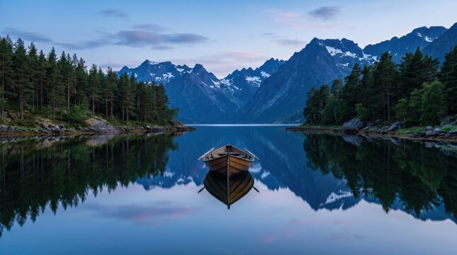 A lone wooden rowboat floats serenely on a calm lake reflecting majestic snow-capped mountains and pine forest during twilight