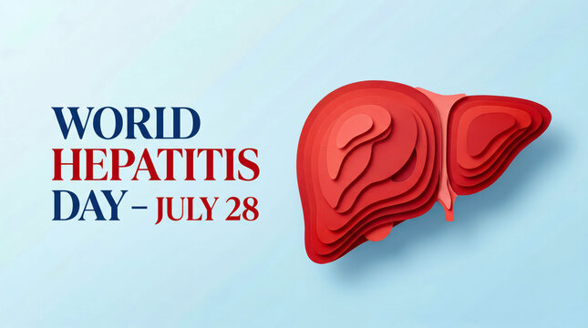 World Hepatitis Day July 28 banner, red paper cut style human liver anatomy on blue background, medical awareness and healthcare concept