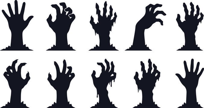 Set of halloween zombie hands silhouettes isolated on white background