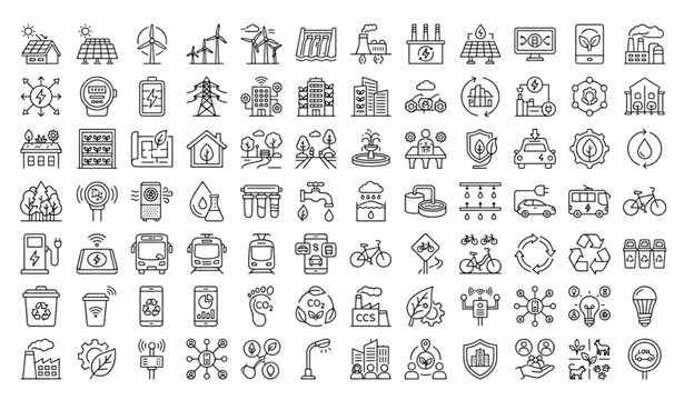 Green City Line Icons Set with Renewable Energy Smart Buildings Air Quality and Zero Waste Symbols