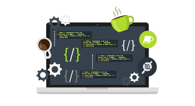 Software Development and Coding Concept Illustration with Laptop, Coffee, and Gears. Flat vector design representing web programming and application development workflow.
