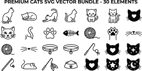 Premium cats SVG vector bundle of 30 feline icon elements with whiskers © Vector Mahi