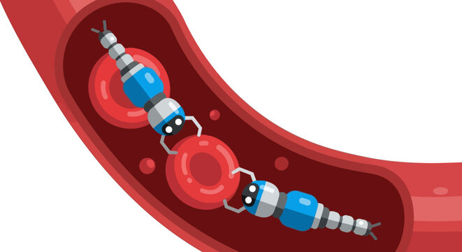 Nanotechnology Illustration of Microscopic Nanobots Repairing Red Blood Cells in a Bloodstream, Futuristic Medical Biotech Concept