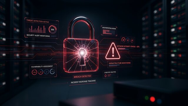 Cybersecurity protection concept with digital padlock securing network against cyber threats