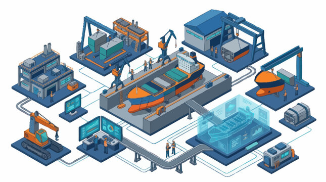Modern shipbuilding industry complex with advanced technology and automation.