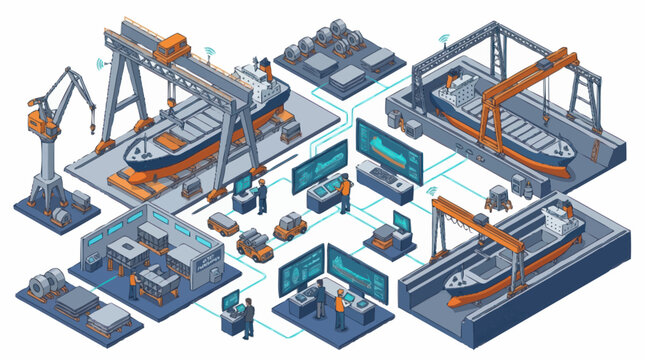Modern shipbuilding industry complex with ships under construction and advanced technology.