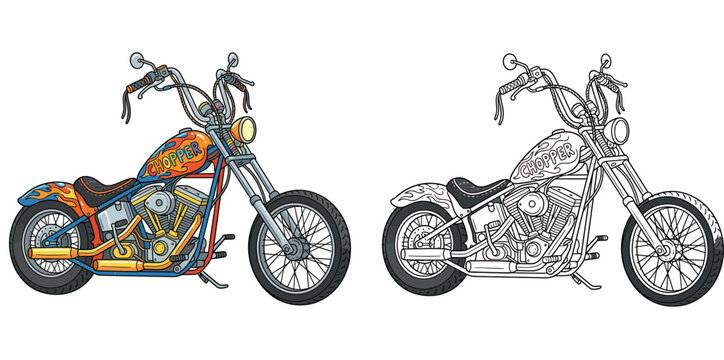 Custom Chopper Motorcycle Vector Illustration: Colorful and Black & White Line Art Coloring Page.