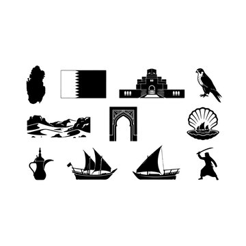 Qatar culture and tourism landmarks collection featuring qatari map flag doha skyscrapers fanar mosque falcon bird dhow boat national monument incense burner silhouette vector on white background