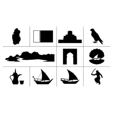 Qatar culture concept layout grid featuring qatari map flag modern doha skyline skyscrapers dhow boat traditional falcon bird incense burner sword vector silhouette design on white background