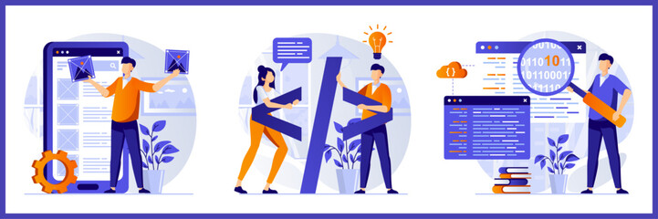 Collection of flat vector illustrations showing a designer working on mobile UI, developers collaborating on code, and a programmer debugging binary data. © Designer Raian