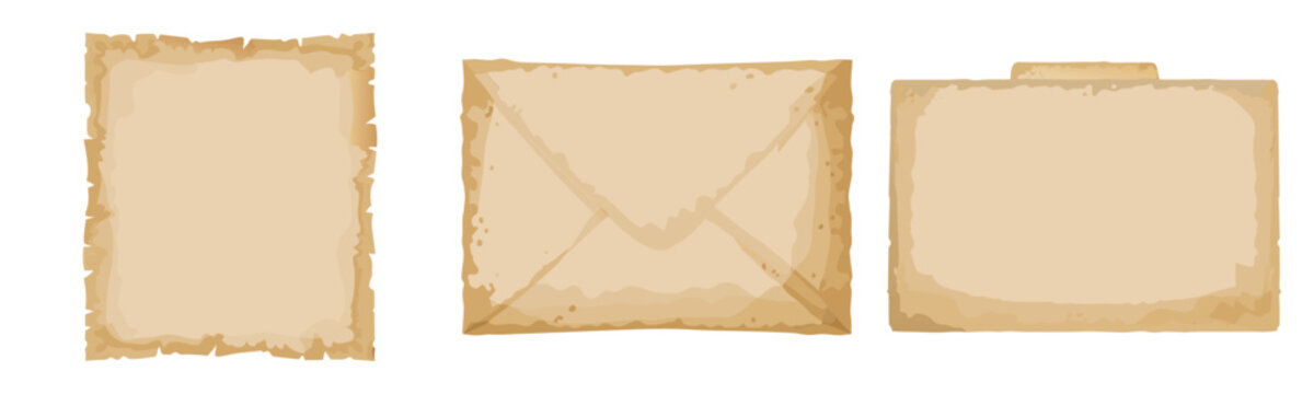 Assortment of antique paper textures including a torn edge note an envelope and a folder for historical document design projects.