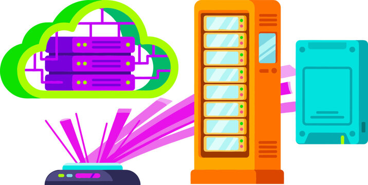 Cloud Computing and Network Data Center Infrastructure Vector Icon Set Featuring Server Rack Mainframe Hardware Hosting Stack and Solid State Drive SSD