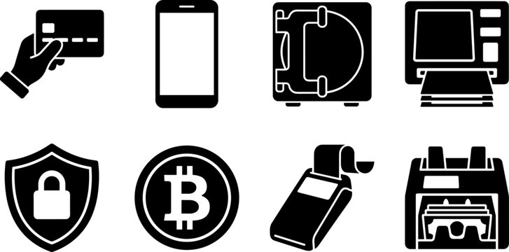 Banking Finance and Electronic Payment Vector Icon Set with Credit Card ATM and Cryptocurrency Elements