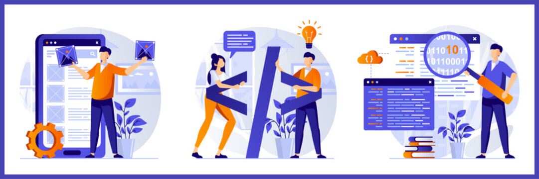 Collection of flat vector illustrations showing a designer working on mobile UI, developers collaborating on code, and a programmer debugging binary data.