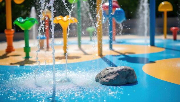 Colorful splash pad offers water fun with fountains and sprayers. Children play joyfully in wet summer park. Safe outdoor activity area for kids enjoyment.