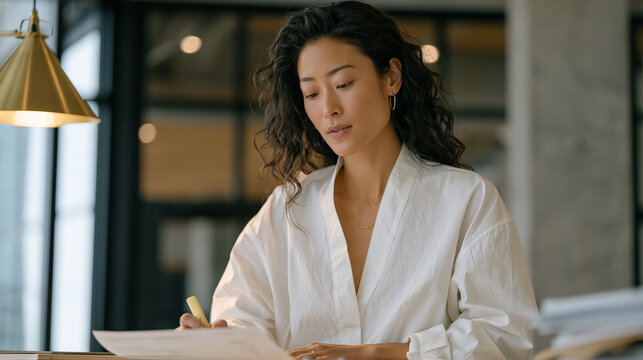 Customer experience director reviewing a printed transcript of a chatbot interaction gone wrong, marking problem responses with a highlighter at her standing desk, the AI customer