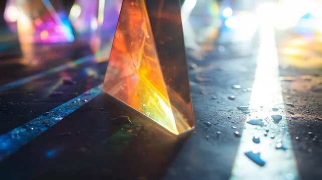 Glass prisms reflecting vibrant rainbow light on a dark wet surface