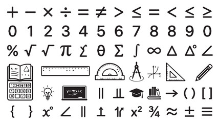 Obraz premium Mathematics symbols and algebraic equations arranged in a grid display essential arithmetic operators and geometry tools for educational purposes.