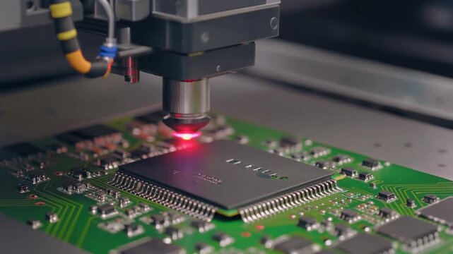 Automated computer chip testing and quality control process. Robotic probes inspecting CPU microprocessors on production line. Red laser beams scanning integrated circuits for defects.