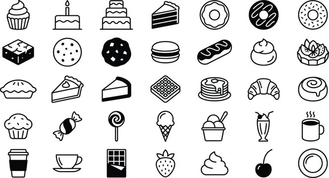 Collection of sweet dessert and pastry icons vector illustration set