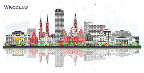 Fototapeta premium Wroclaw Poland City Skyline with Color Buildings isolated on white. Illustration. Wroclaw Cityscape with Landmarks. Business Travel and Tourism Concept with Historic Architecture.