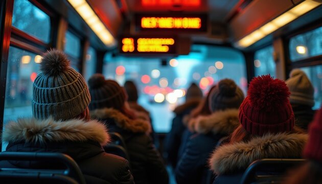 People in winter clothes ride on bus interior at night. Commuters travel in city transport during evening rush hour. Blurred lights outside window show urban scene.